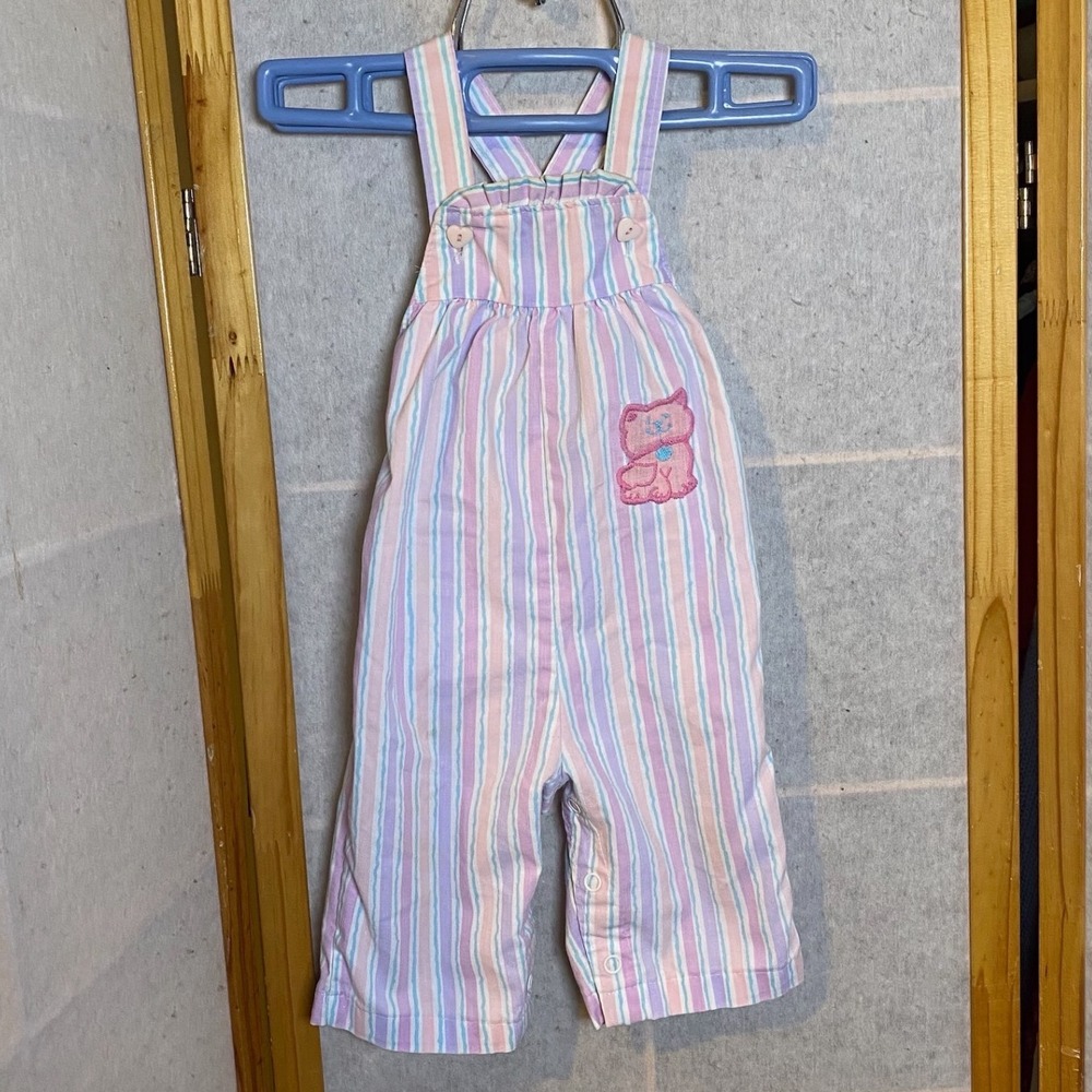 Health-tex Baby Girl Striped Cat Embroidered Pastel Pink Overalls 6 Month Purple